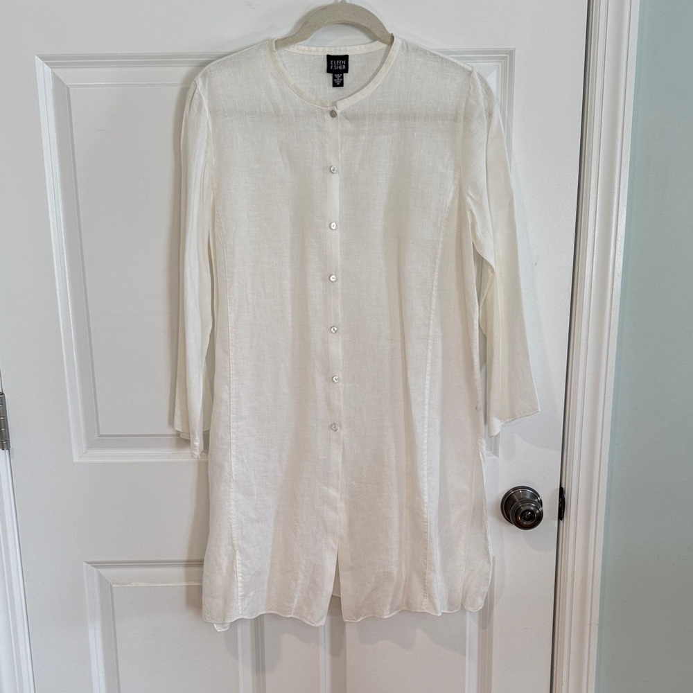 EILEEN FISHER White Long Button-Front Linen Tunic Top